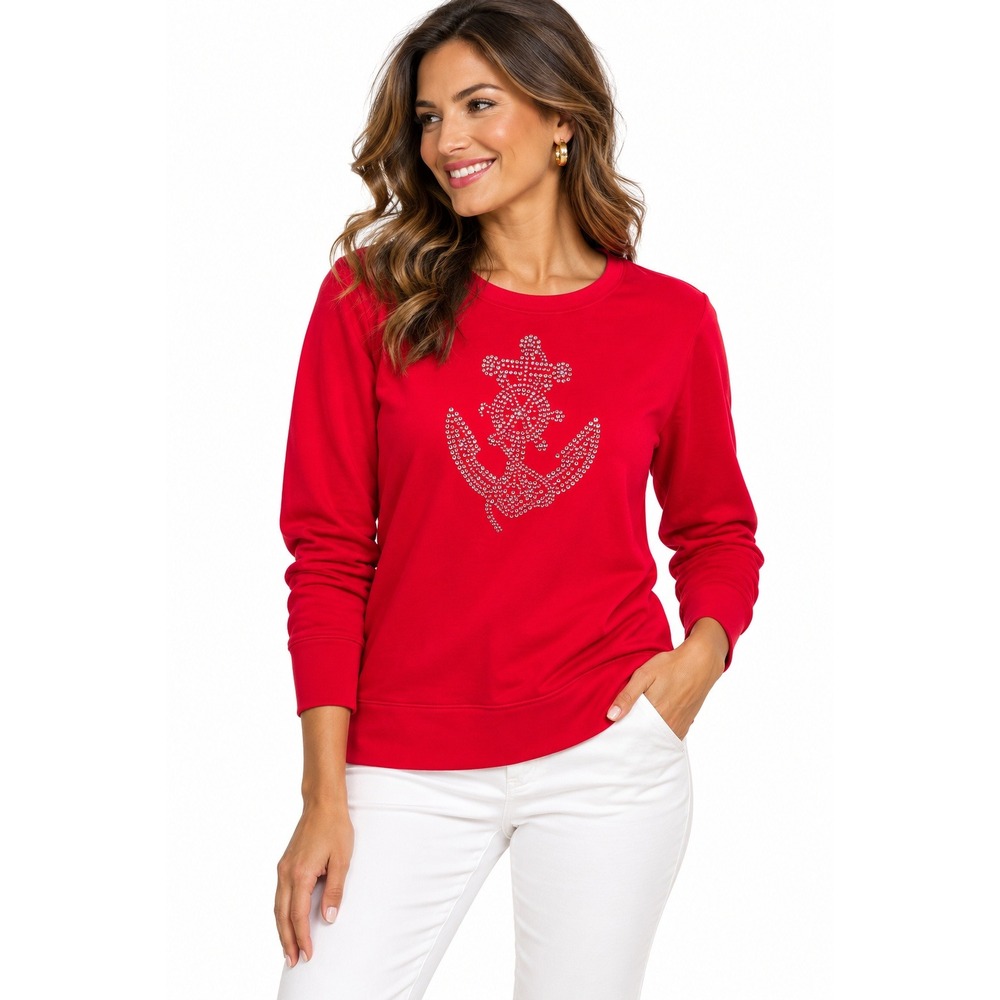 Quacker Factory Womens Red Rhinestone Anchor Long Sleeve Sweatshirt Size M NWT